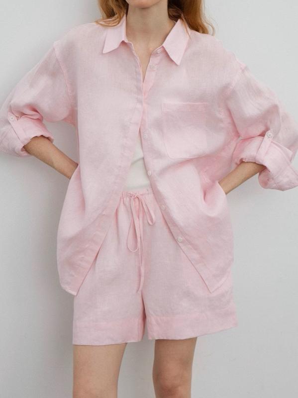 Shirts - レディース セットアップ シャツ ショートパンツ 上下セット リネン100% 麻 オーバーサイズ ビッグシルエット UVカット 紫外線対策 体型カバー 涼しい 快適 通気性 大人カジュアル ナチュラル シンプル 楽ちん 夏
