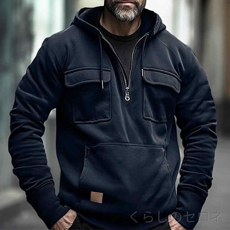 ・スタイル: プルオーバー・ネックライン: ラウンドネック・袖丈: 長袖・フード: あり・前立て: ジッパー・厚み: 厚手・素材: コットン混紡 スパンデックス81-90%・柄: 無地・ディテール: 多ポケット・シルエット: ルーズ・加工: ステッチスプライス・ポケットスタイル: ステッチパッチポケット・カラー: ダークグレー,ブラック,ピンク,ライトブルー,カーキ,アーミーグリーン,ネイビー,ワインレッド・サイズ: S,M,L,XL,XXL,3XL・袖タイプ: ラグランスリーブ・重量: 約250-300g・性別: メンズ