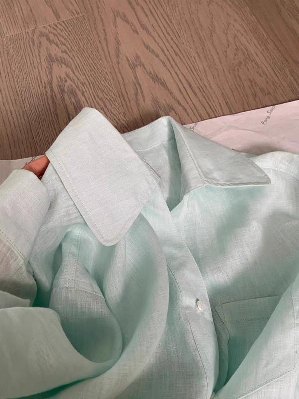 Shirts - レディース シャツ ブラウス 長袖 リネン 麻 UVカット 日焼け防止 薄手 透け感 ミントグリーン 清涼感 涼しい ナチュラル 羽織り カジュアル トップス 春夏