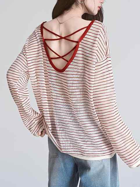 レディース Tシャツ トップス ストライプ 長袖 バックオープン 背中あき UVカット 日焼け対策 透け感 抜け感 トレンド 大人可愛い カジュアル きれいめ 春 夏