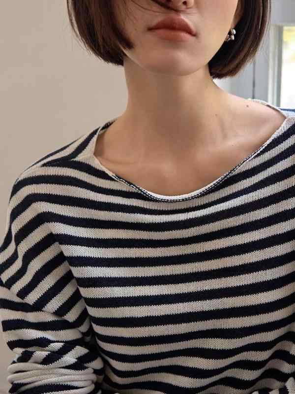 Shirts - レディース ニット セーター 和紙混紡 ストライプ ボーダー プルオーバー ゆったり 薄手 カジュアル リラックス 大人可愛い 抜け感 春 ロイヤルブルー 青 トップス 上品