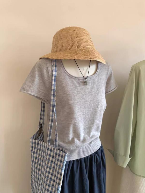 Shirts - レディース Tシャツ サマーニット 半袖 Uネック スクエアネック ショート丈 クロップド丈 薄手 セットインスリーブ 低身長 小柄さん向け 韓国風 きれいめ カジュアル トレンド 夏 グレー