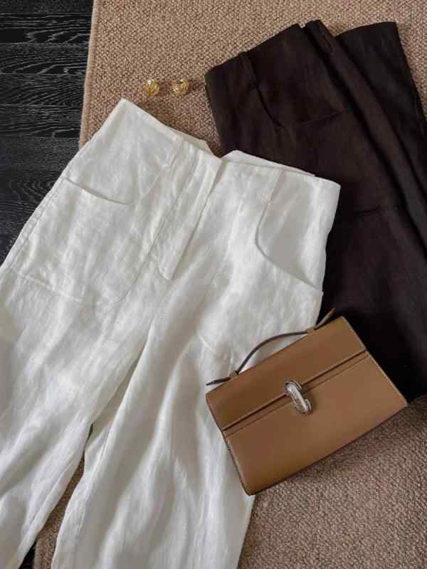 レディース パンツ リネン 麻 ハイウエスト バナナパンツ カーブパンツ ホワイト 細見え 体型カバー 美脚 高見え 上品 きれいめ カジュアル ロング丈 春 夏