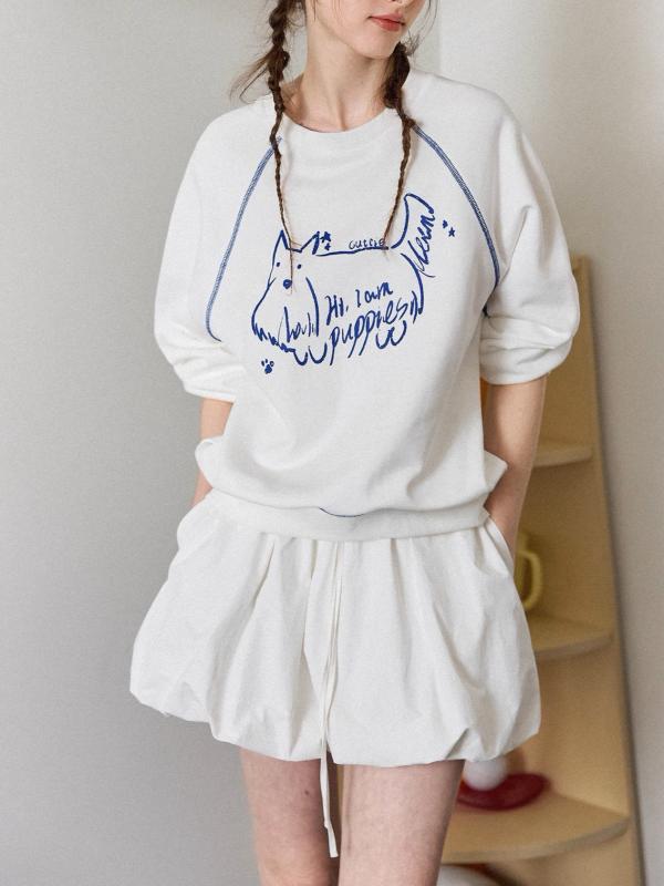 レディース スウェット 綿100% 犬柄 手書き風プリント 配色 ラグランスリーブ クルーネック レトロ ヴィンテージ風 大人可愛い カジュアル 普段使い トップス プルオーバー 美シルエット 春 秋 冬