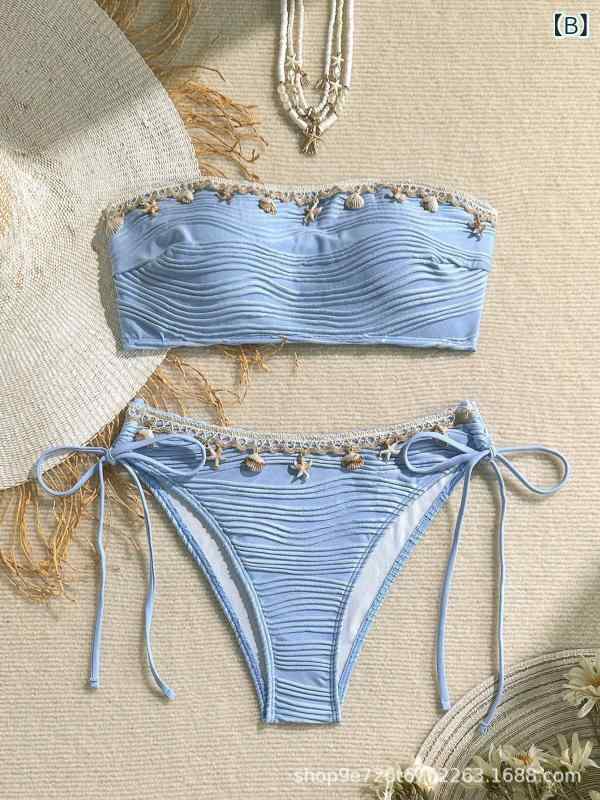 レディース 水着 ビキニ バンドゥ セクシー 無地 シェルモチーフ リゾート 海 ビー...