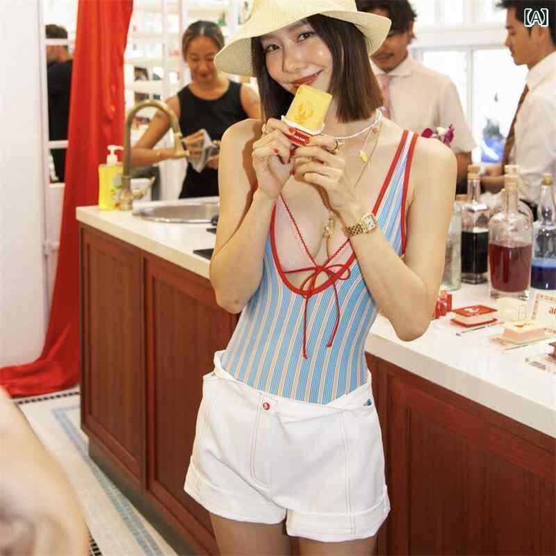 レディース 水着 ワンピース ストライプ柄 リボン ブルー 個性的 デザイナーズ風 ...