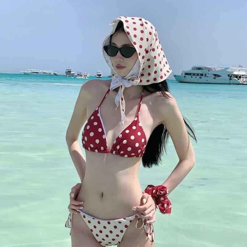 レディース 水着 ビキニ セパレート ドット柄 切り替え 撮影映え インスタ映え 海 ビーチ プール 温泉 スタイルアップ 大人可愛い セクシー あざと可愛い ギャル系 バイカラー 春夏 レッド