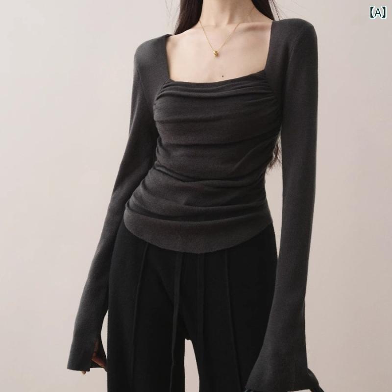 レディース ニット トップス スクエアネック ウール混 インナー 長袖 無地 上品 高見え 大人可愛い きれいめ カジュアル オフィス 通勤 春 秋