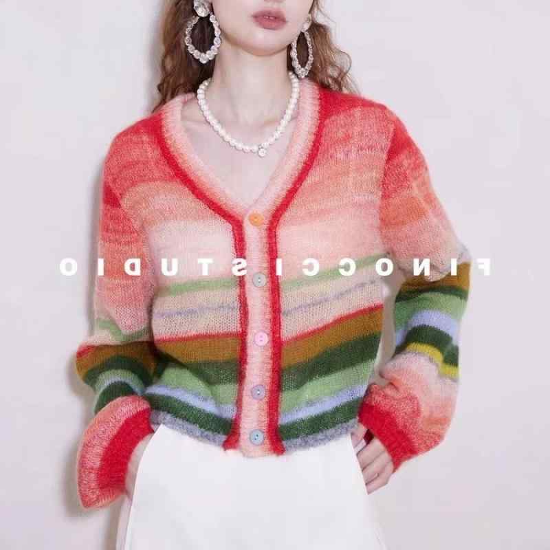 Shirts - レディース カーディガン ニット 南アフリカ産 モヘア使用 レインボー マルチカラー 配色 デザイン ボリューム袖 ランタンスリーブ レトロ 個性的 高級感 高見え 上品 大人可愛い 羽織り トップス 春 秋 長袖 カジュアル
