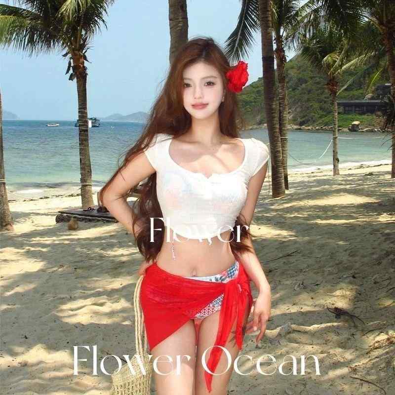 レディース 水着 ビキニ 4点セット セパレート レッド セクシー リゾート 温泉 スタイルアップ 体型カバー 大人可愛い おしゃれ トレンド ビーチ プール 海 旅行 夏 露出控えめ かわいい
