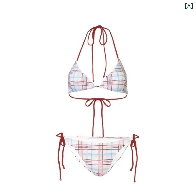 レディース 水着 ビキニ セパレート 三角ビキニ チェック柄 レトロ 小胸 盛れる 大...