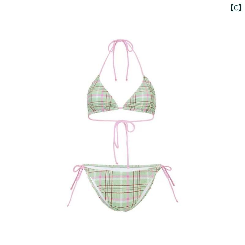 レディース 水着 ビキニ セパレート 三角ビキニ チェック柄 レトロ 小胸 盛れる 大...