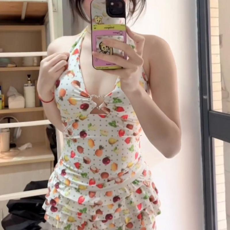 レディース 水着 セパレート タンキニ スカート ホルターネック フルーツ柄 露出控...