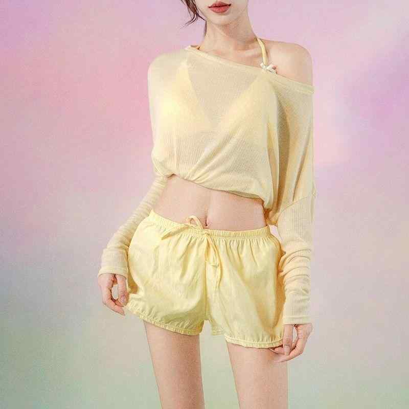 レディース 水着 ビキニ 4点セット イエロー 小胸 盛れる 清楚 セクシー リゾート 海 ビーチ プール 大人可愛い 旅行 撮影 インスタ映え 体型カバー おしゃれ かわいい パッド付き セパレート 上下セット 春夏