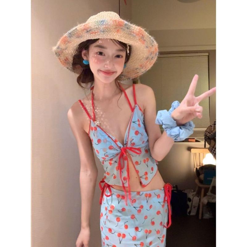 レディース 水着 ビキニ 4点セット セパレート チェリー柄 キャミソール スカート...