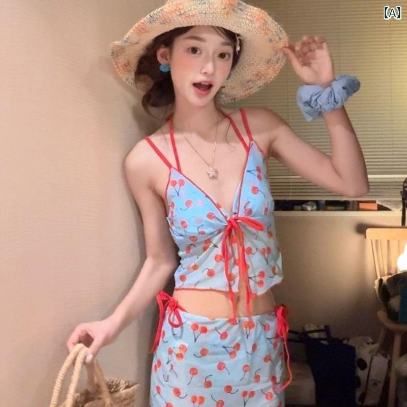 くらしのセロネのレディース 水着 ビキニ 4点セット セパレート チェリー柄 キャミソール スカート付き 露出控えめ 体型カバー 大人可愛い 清楚 プール 海 リゾート 旅行｜アングル2