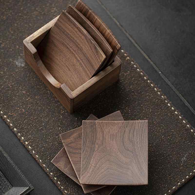コースター 茶托 木製 ブラックウォールナット 天然木 無垢材 収納ボックス付き 四角 スクエア 耐熱 卓上用品 茶道具 来客用 キッチン雑貨 上品 高見え シンプル 和モダン インテリア 湯呑み置き ティーコースター 敷物 ブラウン