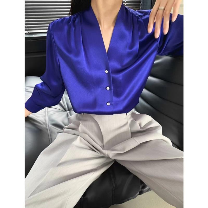 Shirts - レディース ブラウス シャツ Vネック サテン トリアセテート 光沢 ギャザー フロントボタン 上品 高見え エレガント きれいめ 通勤 オフィス フォーマル 韓国ファッション 春秋