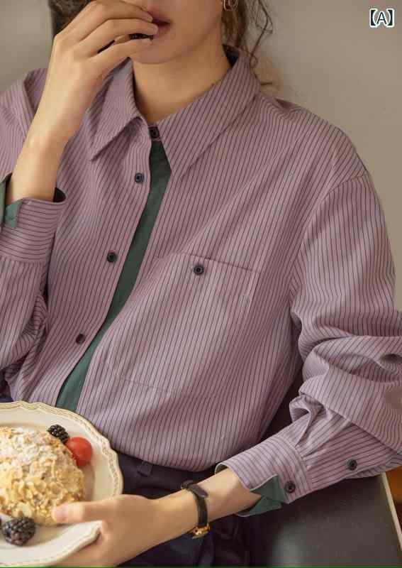 くらしのセロネのレディース ブラウス シャツ ストライプ 配色 起毛 長袖 レトロ フレンチ 上品 大人可愛い きれいめ カジュアル 通勤 オフィス トップス 春 秋｜アングル2