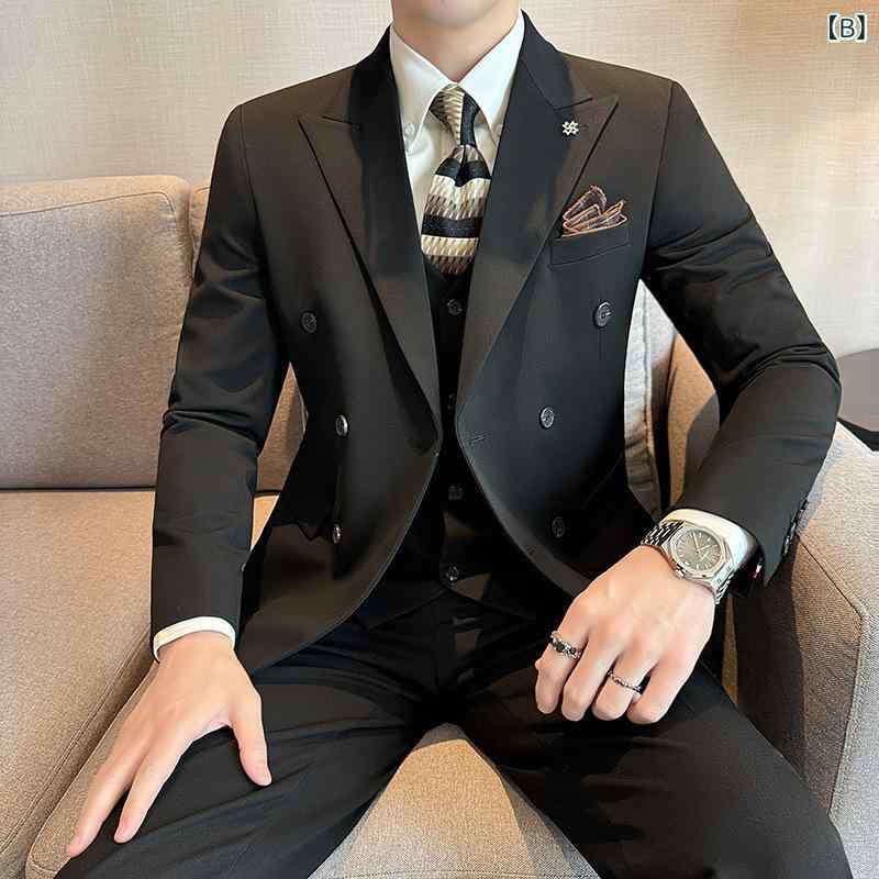 スーツ メンズ 秋冬 高級感 ビジネス フォーマル カジュアル スリムフィット ダブルブレスト 韓国風 快適 スタイリッシュ セット ジャケット パンツ モダン デザイン 通勤