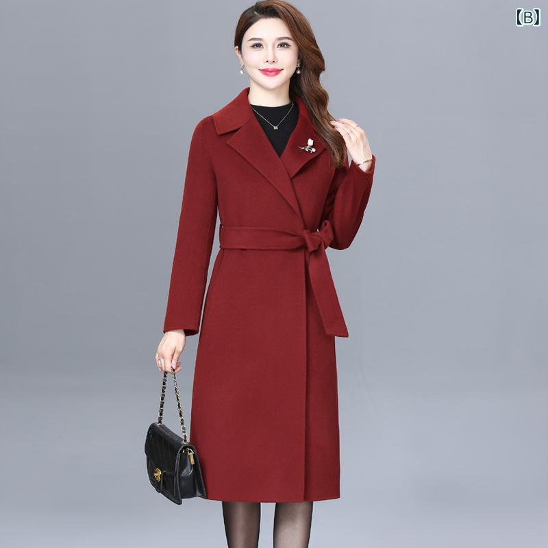 秋冬 レディース ロングコート ダブルフェイス ウール カシミア 西装カラー 中高年 スタイリッシュ 暖か 軽量 防風 着回し コーデ ギフト