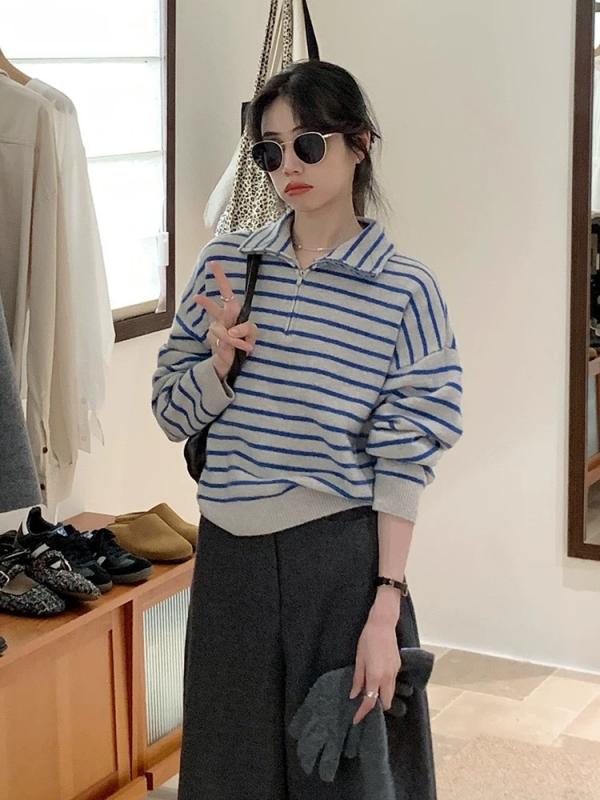 Shirts - レディース ニット セーター トップス ストライプ ポロ襟 襟付き ウール 長袖 プルオーバー 韓国風 韓国ファッション 小柄向け 上品 きれいめ 大人可愛い 秋冬