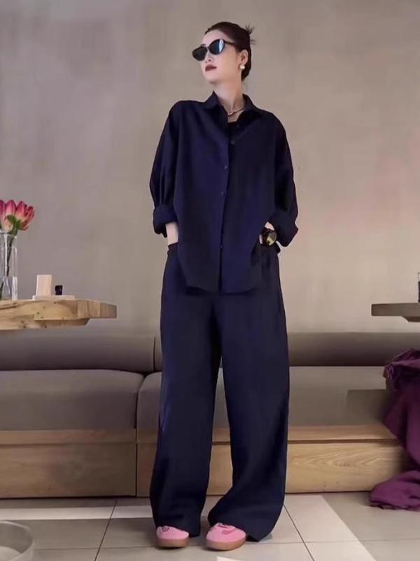 Shirts - レディース セットアップ シャツ ブラウス 2点セット リネン コットンリネン 麻 ネイビー 濃紺 細見え ゆったり リラックス 上品 高見え シンプル きれいめ 大人可愛い カジュアル 通勤 夏