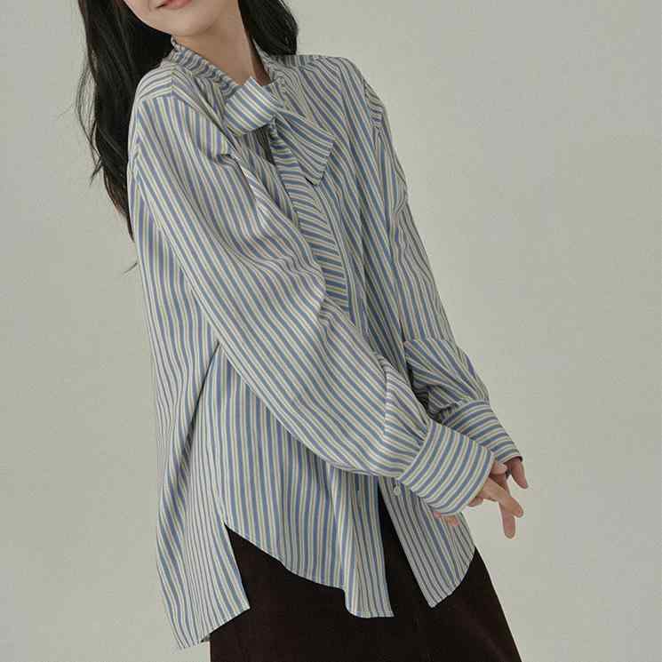 レディース シャツ ブラウス ストライプ柄 リボン ゆったり 長袖 トップス ガーリー フェミニン 大人可愛い 上品 きれいめ カジュアル 体型カバー 華奢見え 通勤 オフィス 春 秋