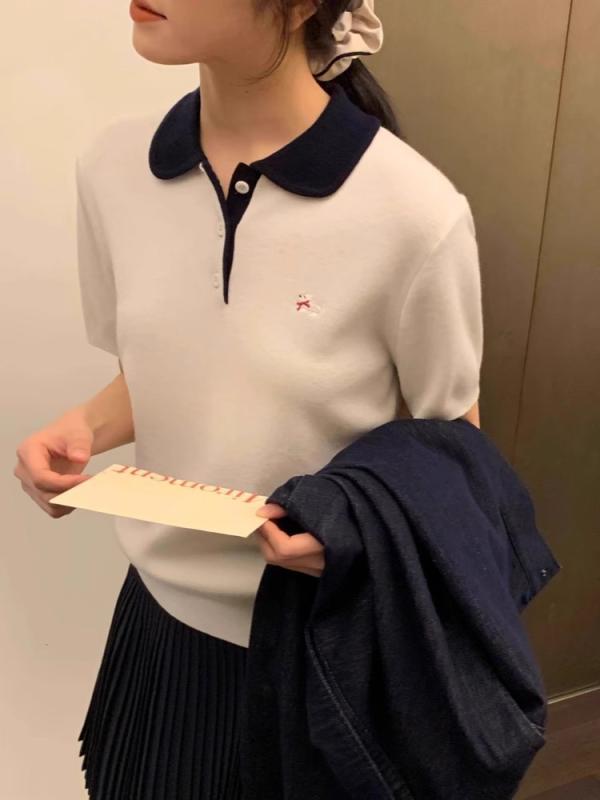 Shirts - レディース ニット トップス ポロ襟 刺繍 犬 ワンポイント 半袖 クロップド丈 ショート丈 襟付き 韓国風 プレッピー 上品 大人可愛い カジュアル トレンド 夏