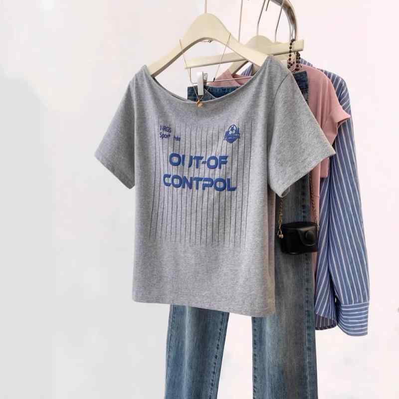 Shirts - レディース Tシャツ オフショルダー ワンショルダー 半袖 ゆったり アメカジ ストリート トップス 細見え 体型カバー トレンド カジュアル 夏 グレー 灰色
