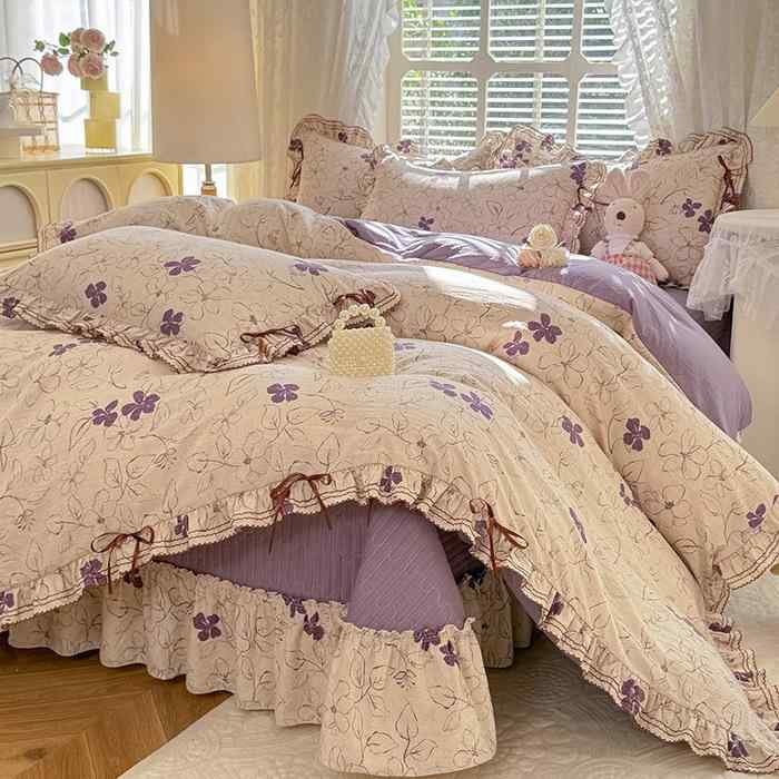 ベッドリネン 4点セット 秋冬 厚手 レース コットンリネン プリンセス風 ウォッシュド風 掛け布団カバ..