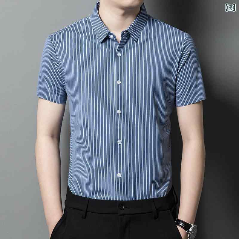 春夏 メンズ シャツ 接触冷感 短袖 ストライプ柄 ノンアイロン カジュアル シンプル 日常 日本風 吸湿速乾 軽量 通勤 通学 アウトドア 部屋着 綿素材 再生繊維 ブラック ネイビー