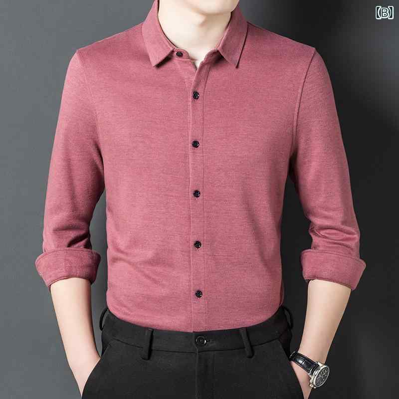 秋冬 メンズ 長袖 ウール シャツ ビジネス カジュアル 通勤 無地 スタンドカラー プリント 中年 男性 トップス