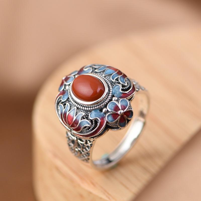 指輪 男女兼用 925シルバー 開口 リング レトロ ヴィンテージ エナメル 景泰藍 蓮花 デザイン 赤い宝石..