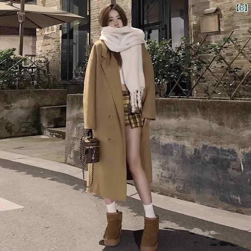 レディース 秋冬 コート ミディアムロング丈 ダブルフェイス 羊毛 カシミア 混 ベージュ ライトベージュ 高級感 暖か 防寒 エレガント スタイル 韓国風 毛呢 アウター