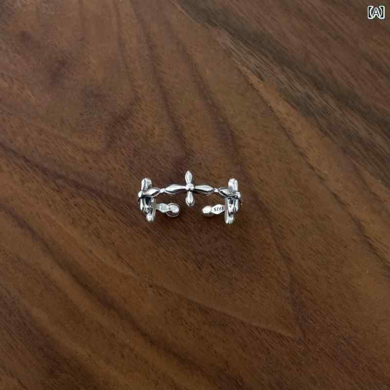 指輪 ユニセックス 925純銀 不規則クロスモチーフ 開口式 レトロ ファッション シンプル 高級感 ユニーク デザイン ベーシック ジュエリー