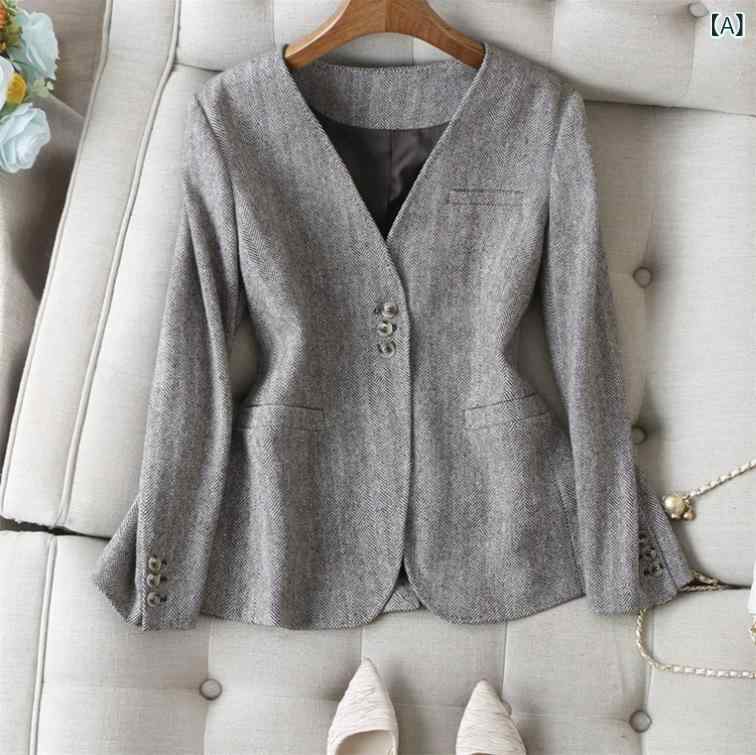 レディース 秋冬 羊毛 Vネック 長袖 テーラードジャケット 3つボタン ワイドシルエット チェブロン柄 カラードット 爽やかスタイル 通勤 ビジネス 軽量 暖か スタイリッシュ コーデ