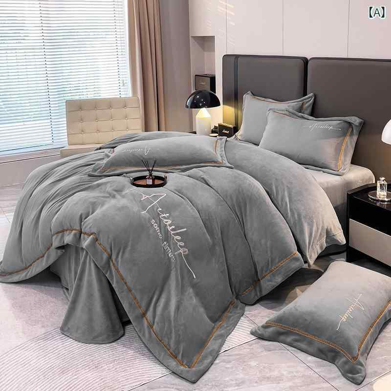 寝具セット 高級感 再生繊維 シンプル刺繍 両面フリース 掛け布団カバー ベッドシーツ 枕カバー 暖か ..
