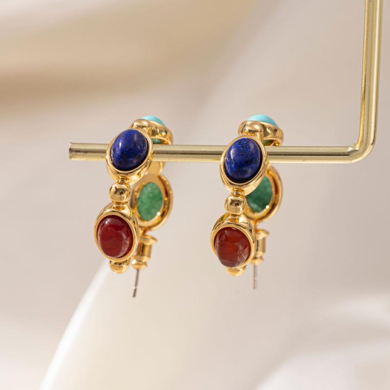 イヤリング レディース 天然石 ターコイズ アゲート 真鍮 ゴールドメッキ 高級感 軽奢 シンプル スタイ..