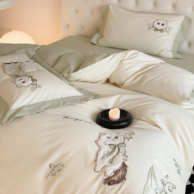 寝具セット ベッドカバー シーツ 枕カバー 綿100% 刺繍 かわいい 秋冬 加厚 高級感 柔らかい 暖か 寝室用 家庭用 快適 吸湿 速乾 通年対応