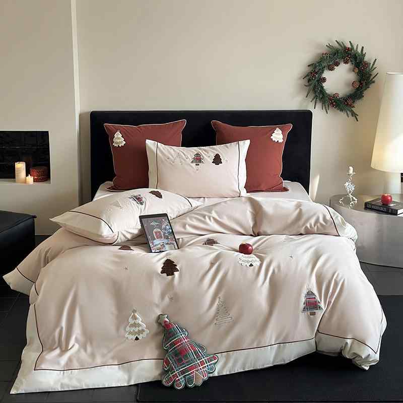 秋冬 寝具4点セット 厚手 全棉 磨毛加工 クリスマスツリー刺繍 爽やかデザイン ベッドカバー 枕カバー ..