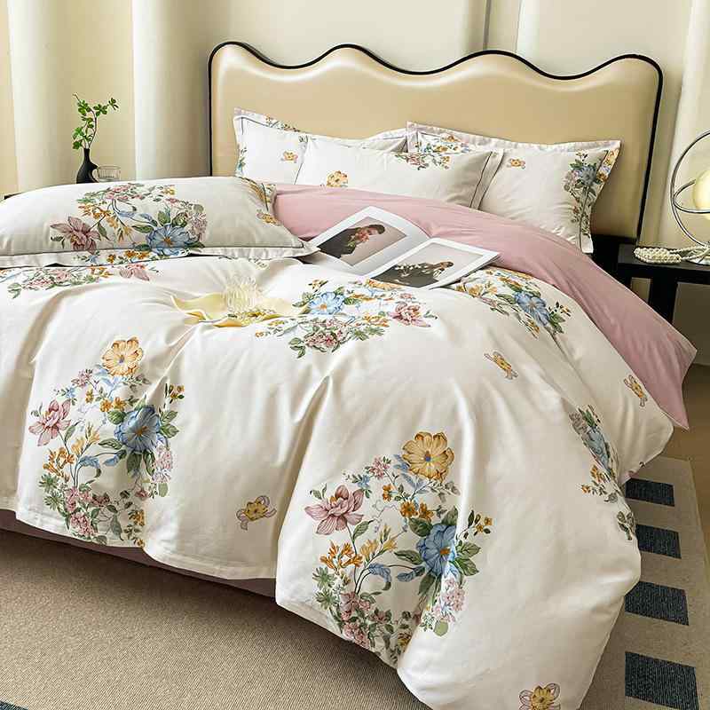 寝具 4点セット 純綿 花柄 ベッドカバー シーツ 枕カバー 加厚 長繊維綿 高級感 長持ち 快適 家庭用 通年