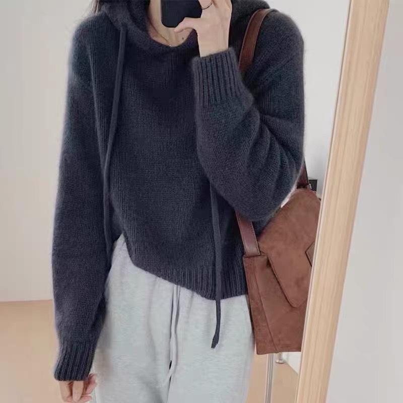 ニットセーター レディース 秋冬 フード付き ゆったり 短め 厚手 羊毛 純羊毛 セーター フーディ
