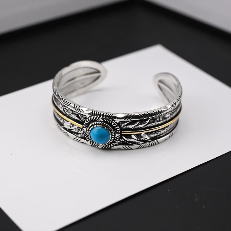 ブレスレット 男女兼用 ターコイズ 開口型 シルバー 風 羽毛モチーフ 金糸 シンプル 個性派 百搭 アクセサリー
