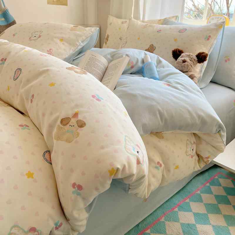 寝具セット 男女兼用 秋冬 綿100% カートゥーン柄 ベッドシーツ 掛け布団カバー 枕カバー 学生寮用 接..