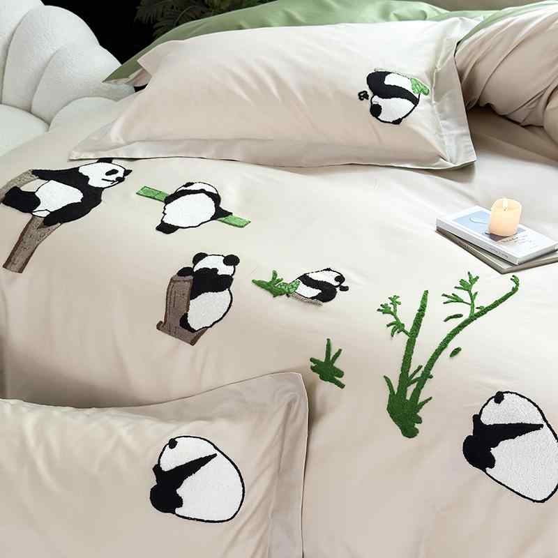 秋冬ベッド4点セット キッズ かわいい カートゥーン 竹パンダ 刺繍 100パーセントコットン 起毛加工 厚手 暖か ふわふわ 柔らか 寝具 子供部屋 ベッドリネン