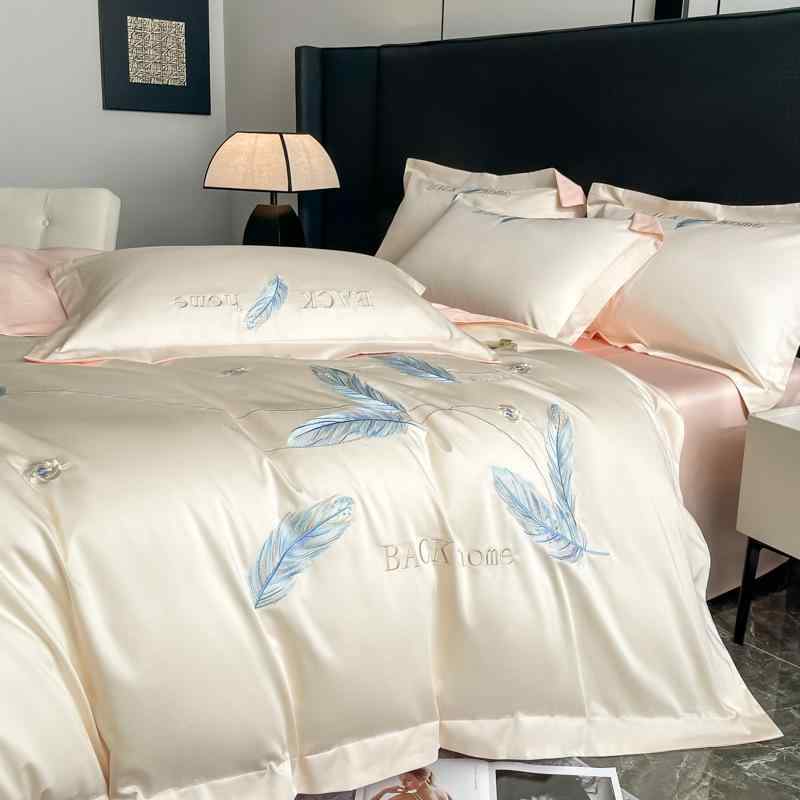 寝具セット 長繊維綿 刺繍 高級感 厚手 純綿 四季通用 ベッドカバー シーツ 枕カバー 4点セット