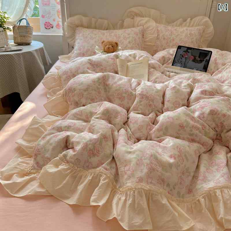 寝具セット ガールズ ピンクローズ柄 全棉 二重ガーゼ 4点セット 純コットン シン...