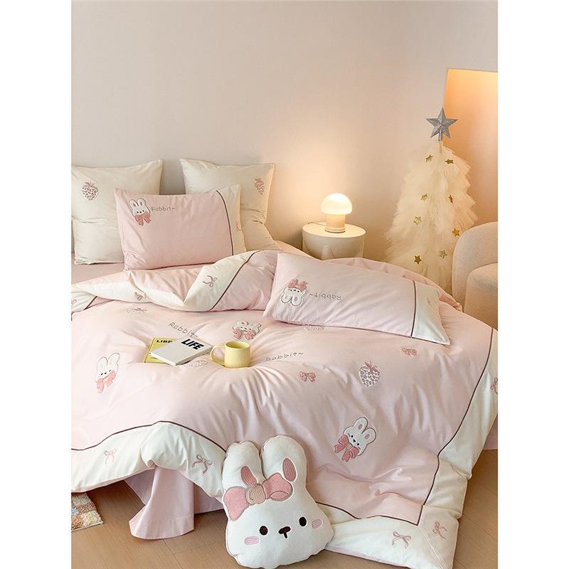 寝具セット 子供 プリンセス ウサギ柄 コットン100% 起毛 加厚 4点セット かわいい ベッドカバー 掛け布団カバー シーツ 枕カバー 通年 部屋着風 軽量 吸湿速乾