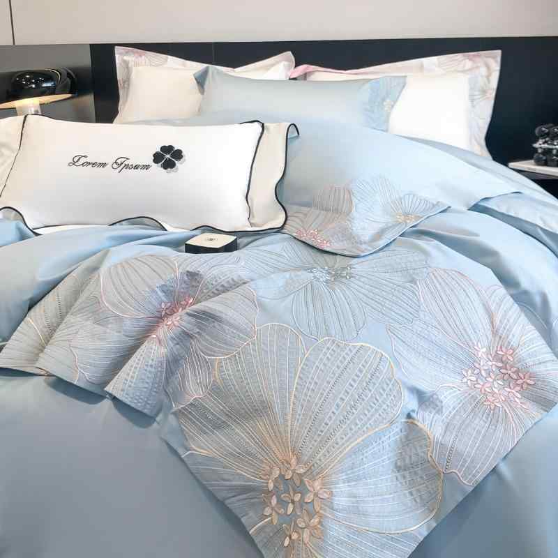 ベッドシーツ 4点セット 綿100% 純綿 通気性綿 ワイドボーダー 刺繍入り 厚手タイプ 吸湿速乾 軽量素材..